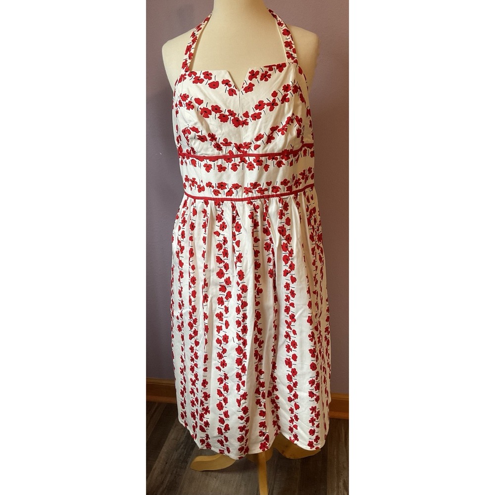 Vintage R & K Originals White Red Flower Smocked‎ Halter Dress Size 16 16W